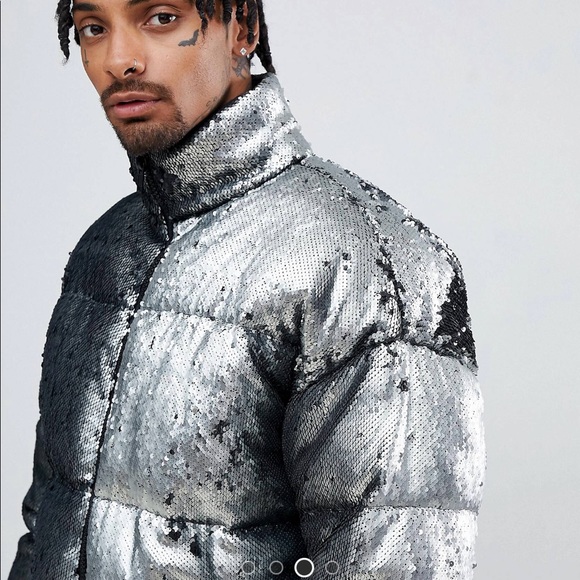 ASOS Silver Sequins Puffer Jacket 3XL - Picture 3 of 12